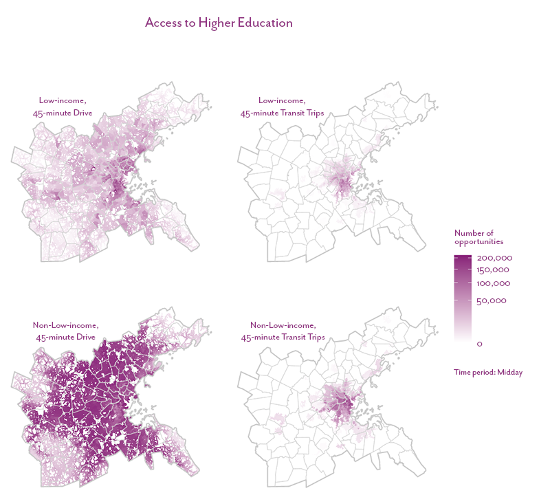 Figure 14 is a map that shows the number of higher education opportunities accessible within a 45-minute drive or public transit trip for the low-income and non-low-income populations living in the Boston region.